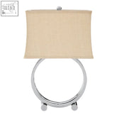 Chrome finished design table lamp with concentric ring design, beige rectangular fabric shade, and circular base