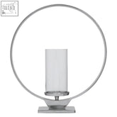 Cirqua large silver finish candle holder with a silver finish circular metal base and clear glass cylinder design