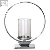 Cirqua medium silver finish candle holder with chrome circular base and clear glass cylinder for silver finish candle use