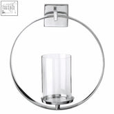 Cirqua silver finish wall sconce with chrome circular holder and clear glass cylinder for candles