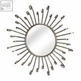 Silver sunburst cissell spoke style wall mirror with slender metal arms and circular reflective center