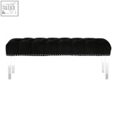 Clarence black velvet bench with tufted design silver nailhead trim and clear acrylic legs perfect for stylish seating