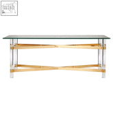 Clarence coffee table with clear glass top crossed gold metal legs and transparent acrylic pillars modern coffee table design