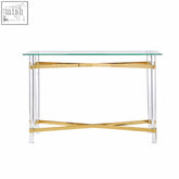 Gold and clear acrylic clarence console table with glass top perfect for stylish entryways or living rooms