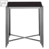 Clarice granite top side table with polished black granite glass top and stainless steel x-shaped base in black