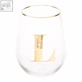 Claro letter l curved tumbler clear glass stemless wine glass with gold rim and ornate gold initial l design