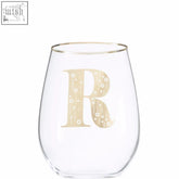 Clear glass curved tumbler with gold foil letter r featuring wood grain and dot pattern in the claro letter r curved tumbler