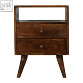 Classic chestnut bedside table made of wood with two drawers and tapered legs in mid-century modern style