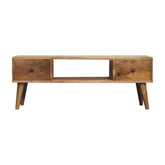 Classic oak-ish coffee table with rustic wooden tv stand featuring two drawers dark metal knobs and tapered legs