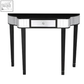 Clavier black and mirror console table with mirrored top silver panel accents wooden legs and crystal knob drawer