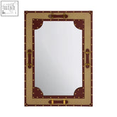 Columbus canvas and leather trim wall mirror with maroon and gold leather trim and brass studded vintage suitcase frame
