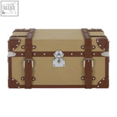 Beige and brown vintage columbus small canvas storage trunk with leather straps metal buckles and central lock