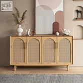 Light wood constance rattan sideboard with four arched woven cane doors and gold-tone handles in pine wood