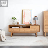 Light oak wood corona tv stand with three drawers and tapered legs perfect for media storage