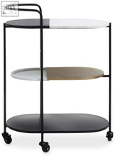 Black metal framed corra 3 tier marble trolley with three oval shelves featuring two tone marble and wood finishes
