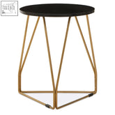 Corra side table with black marble round top and matte gold metal sledge base geometric legs