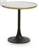 Modern corra white marble side table with column base featuring white glossy top gold trim and black pedestal base