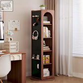 Wooden framed correa rotating bookshelf with black pegboard panels and full length mirror freestanding shelving unit