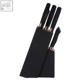 Corsico 11 piece black and gold knife set with stainless steel blades in a sleek black block for kitchen use