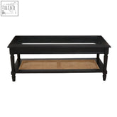 Corso black coffee table with glass top and rattan shelf below for stylish living room storage and display