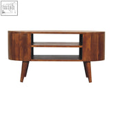 Cortez chestnut chest of drawers with sleek oval wooden coffee table in solid mango wood featuring clean lines and rich brown finish