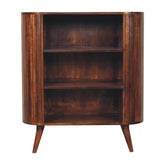 Mid-century modern cortez chestnut open cabinet with curved wooden bookcase vertical slats and tapered legs