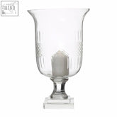 Cortina small diamond cut candle holder is a small clear glass candle holder with etched diamond and vertical line patterns