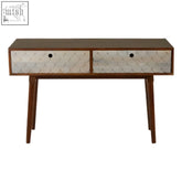 Mid-century modern coastal mango wood console table with light textured drawers and dark wood legs wood console table