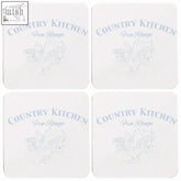 White square cork placemats with country kitchen free range gray print and chicken design in a set of four cork placemats