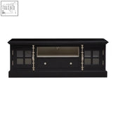 Black covent media unit with glass-paneled doors and silver-toned hardware perfect as a media unit