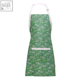 Green kitchen apron with cow parsley pattern in white floral design and white trim perfect for cooking use