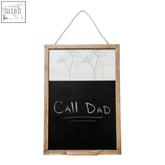Wood-framed cow parsley chalkboard with white top and black chalk section showing call dad in handwritten style