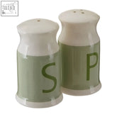 A pair of sage green ceramic cow parsley salt and pepper set shakers with white tops and bold green letters s and p