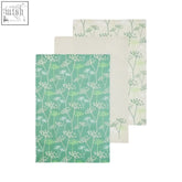Set of three cow parsley tea towels in soft mint green and cream with delicate botanical prints
