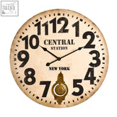 Crawley vintage style wall clock with distressed cream finish, round face, black numerals, gold pendulum, central station new york text
