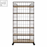 Black metal crest 6 tier shelf unit with wooden shelves and casters for easy mobility and storage organization
