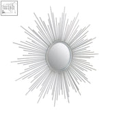 Silver sunburst wall mirror with cristal silver finish and slender metal rays framing an oval reflective surface
