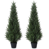 Two artificial cedar trees in black plastic pots perfect for outdoor garden or porch decoration