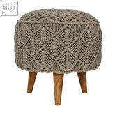 Beige macrame woven crotchet grey footstool with wooden legs perfect for cozy living rooms