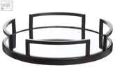 Matte black cruzar tray with black mirrored glass surface and stainless steel frame perfect for stylish serving