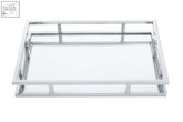 Cruzar rectangular silver tray with chrome finish and clear glass surface in a geometric metal frame
