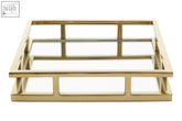 Square gold tray with gold-toned metal frame and two mirrored glass shelves from cruzar collection