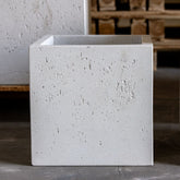 A minimalist white mist concrete plant pot with a textured speckled surface and clean 20cm x 20cm square edges