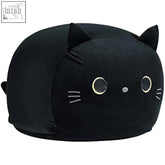 Black cat bean bag cover with embroidered whiskers and gold eyes for stuffed animal storage and toy organization