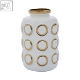 White ceramic curva small ceramic vase with gold rim and raised circular patterns perfect small ceramic vase