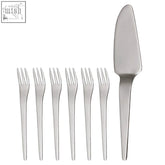 A sleek curve stainless steel cake server set with a matte knife and eight matching forks in modern minimalist design