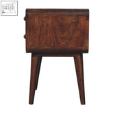 Dark brown curved california walnut bedside table with tapered legs perfect as a california walnut nightstand