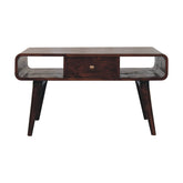 Dark wood curved california walnut coffee table with single central drawer made from solid mango wood
