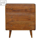 Curved chestnut chest of drawers in mango wood with chestnut finish and tapered legs for stylish household items storage