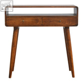 A sleek mid-century modern curved chestnut console table with two drawers and tapered legs in solid mango wood